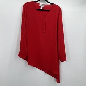 Joseph Ribkoff Shirt Womens 14 Red Asymmetrical Hem Tunic Henley Long Sleeve